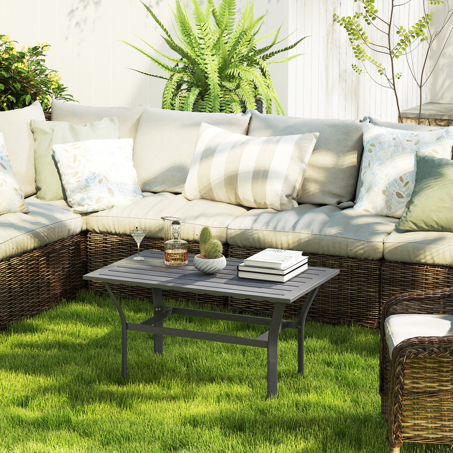 Outsunny Metal Garden Coffee Table, Rectangular Outdoor Side Table with Slatted Top, Foot Pads, 91.5x55x45cm, Dark Grey