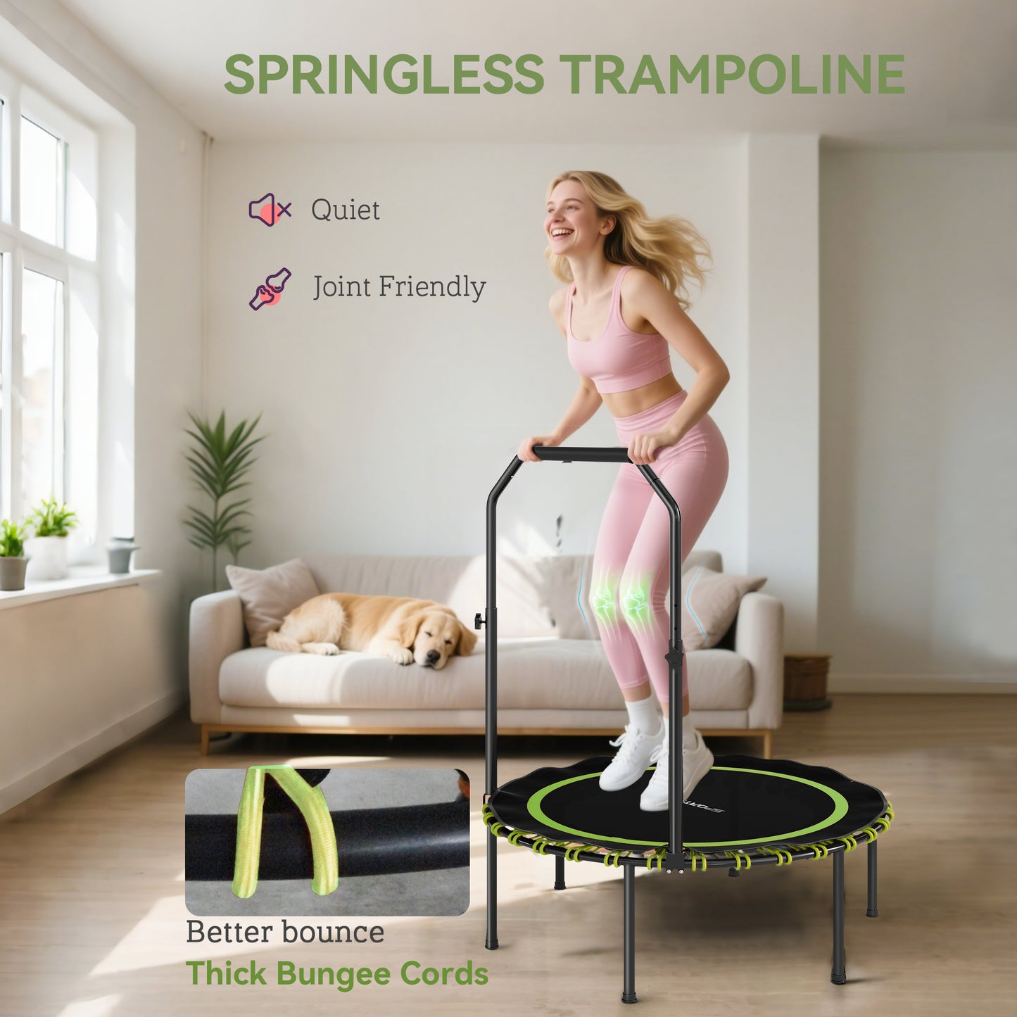 SPORTNOW 40'' Foldable Fitness Trampoline, Mini Rebounder with 5-Level Adjustable Handle for Adults Indoor/Outdoor Exercise, Green
