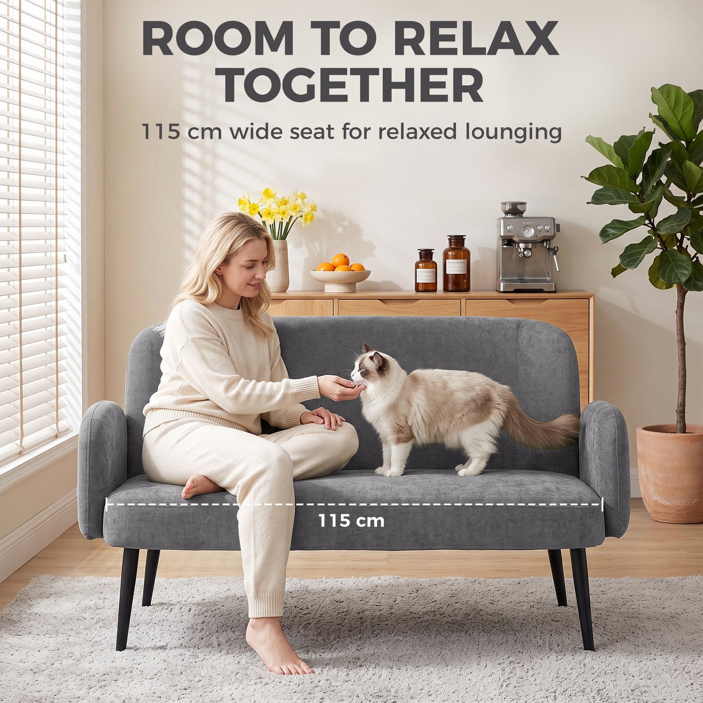 HOMCOM 132cm 2 Seater Sofa, Velvet Comfy Small Sofa Couch with Wide Seat, Thick Padding, Tapered Metal Legs, Light Grey