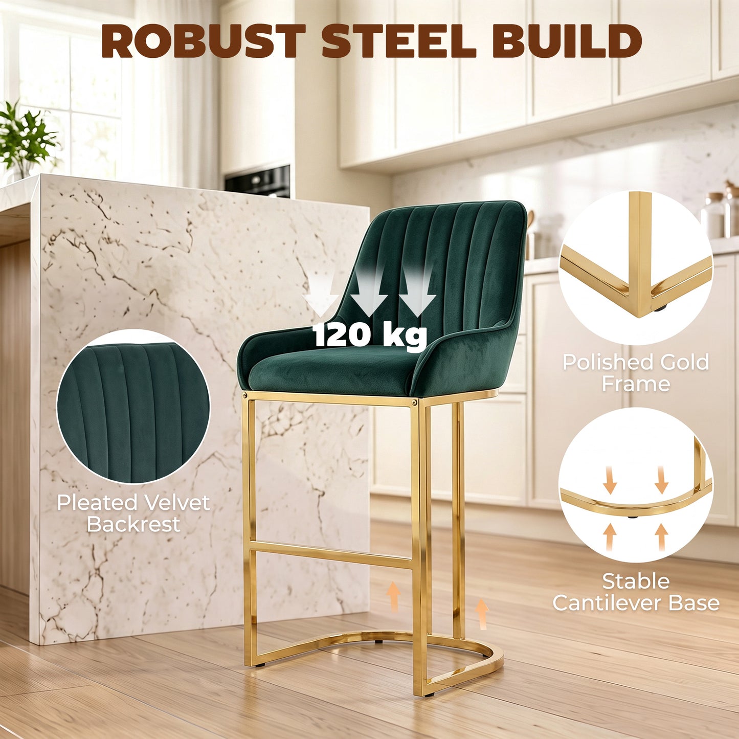 HOMCOM Bar Stools Set of 2 with Backrest, Footrest, Gold Electroplated Legs for Kitchen Island, Dining Room, Dark Green