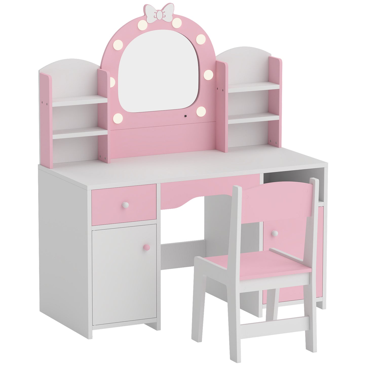 AIYAPLAY Kids Vanity Set, Kids Dressing Table with Stool, 2-Colour Lights Mirror, Cabinet, Drawer and Shelves, Pink