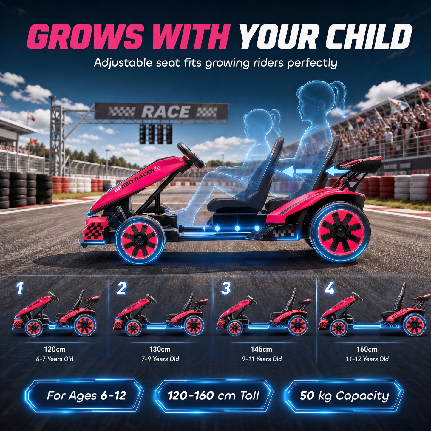 AIYAPLAY 24V Electric Go Kart for Kids 6-12 Years with Drift Mode, Adjustable Seat, 3 Speed, Slow Start, Pink