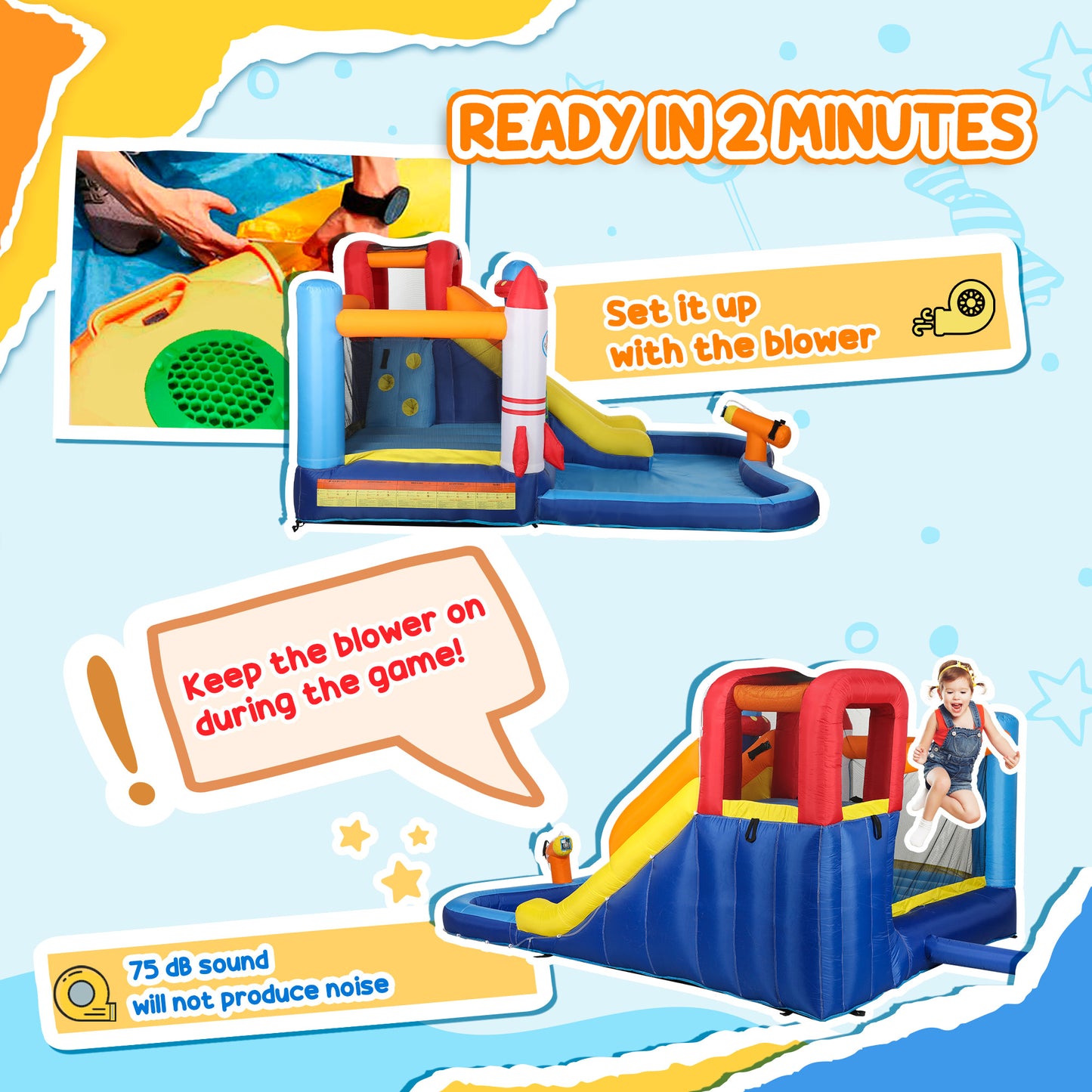 AIYAPLAY 5 in 1 Bouncy Castle for Children with 550W Blower, Water Slide, Splash Pool, Jumping Area, Climbing Wall, Cannon