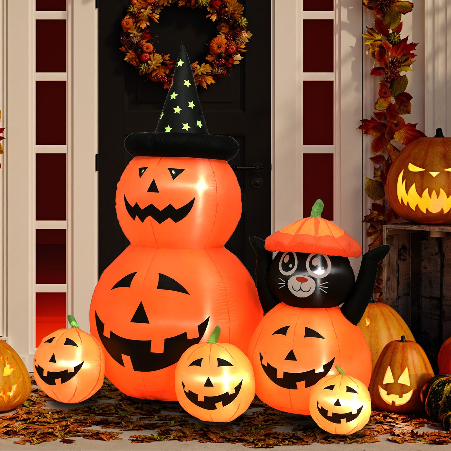 Outsunny Halloween Inflatable 180 cm Pumpkin and Cat with LED Lights, Self-Inflating Outdoor Decoration for Garden Party, Orange and Black