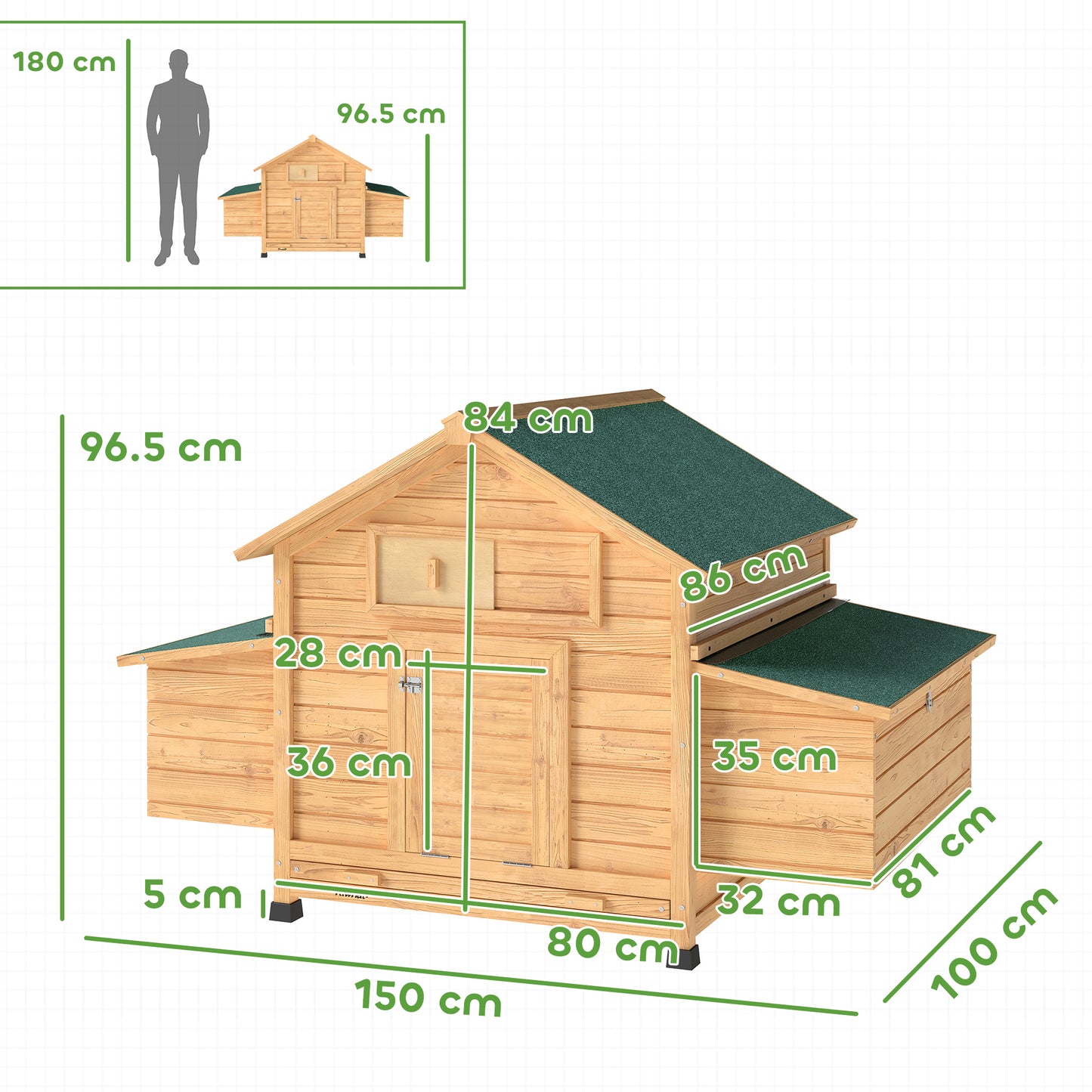 PawHut Chicken Coop, Wooden Outdoor Hen House Nesting Box, Openable Waterproof Top, Pull-Out Tray, 150 x 100 x 97cm