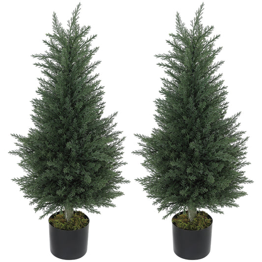 HOMCOM Set of 2 Decorative Artificial Plant, 90 cm Cypress Tree with 362 Leaves in Pot, UV-Resistant Plastic Fake Tree for Indoor Outdoor Home Office