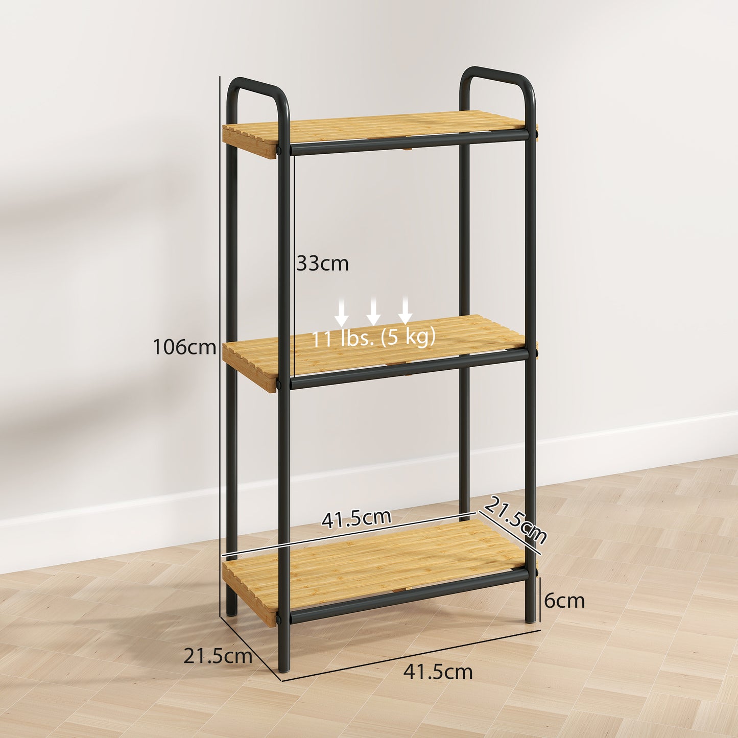 HOMCOM 3-Tier Bamboo Storage Shelf, Freestanding Narrow Unit with Slatted Shelves, 41.5x21.5x77.5 cm, Natural and Black