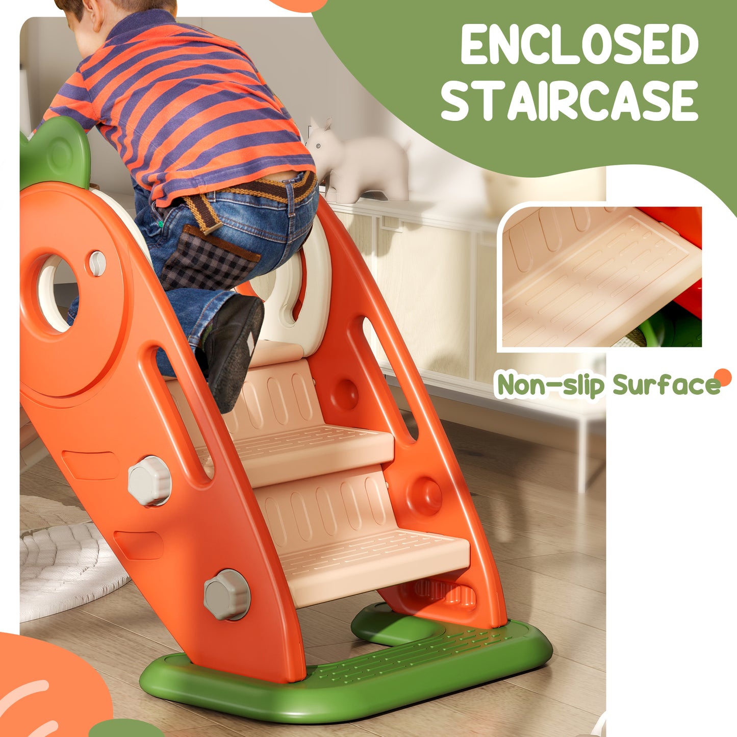 AIYAPLAY 3 in 1 Foldable Toddler Slide with Basketball Hoop, Climber, Carrot-themed for 1-3 Years