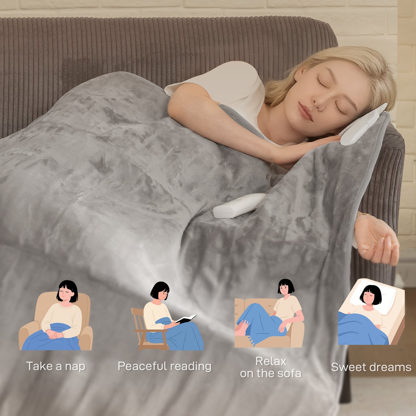 HOMCOM Electric Blanket with Dual Controllers, Ultra Soft Flannel, Machine Washable, 5 Heat Levels, 10-Hour Timer, Grey