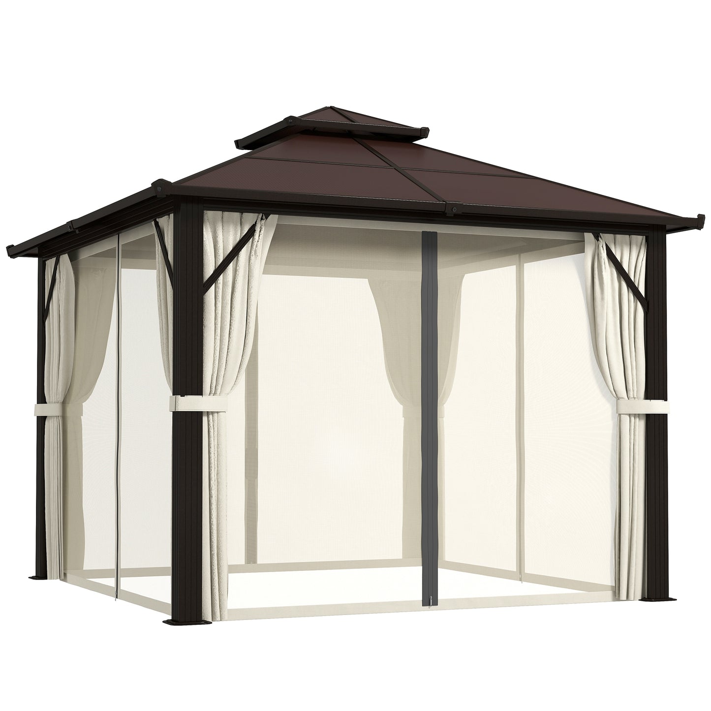 Outsunny Hardtop Gazebo, 3x3m, UPF30+ Polycarbonate Roof, Aluminum Frame, Mosquito Netting & Curtains for Patio/Deck, Beige