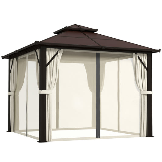 Outsunny Hardtop Gazebo, 3x3m, UPF30+ Polycarbonate Roof, Aluminum Frame, Mosquito Netting & Curtains for Patio/Deck, Beige