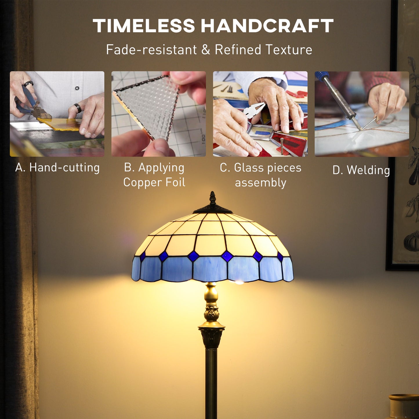 HOMCOM Tiffany-Style Floor Lamp, 152cm Vintage Standing Lamp with Stained Glass Shade & Foot Switch, Dual Sockets, Bronze Tone and Blue