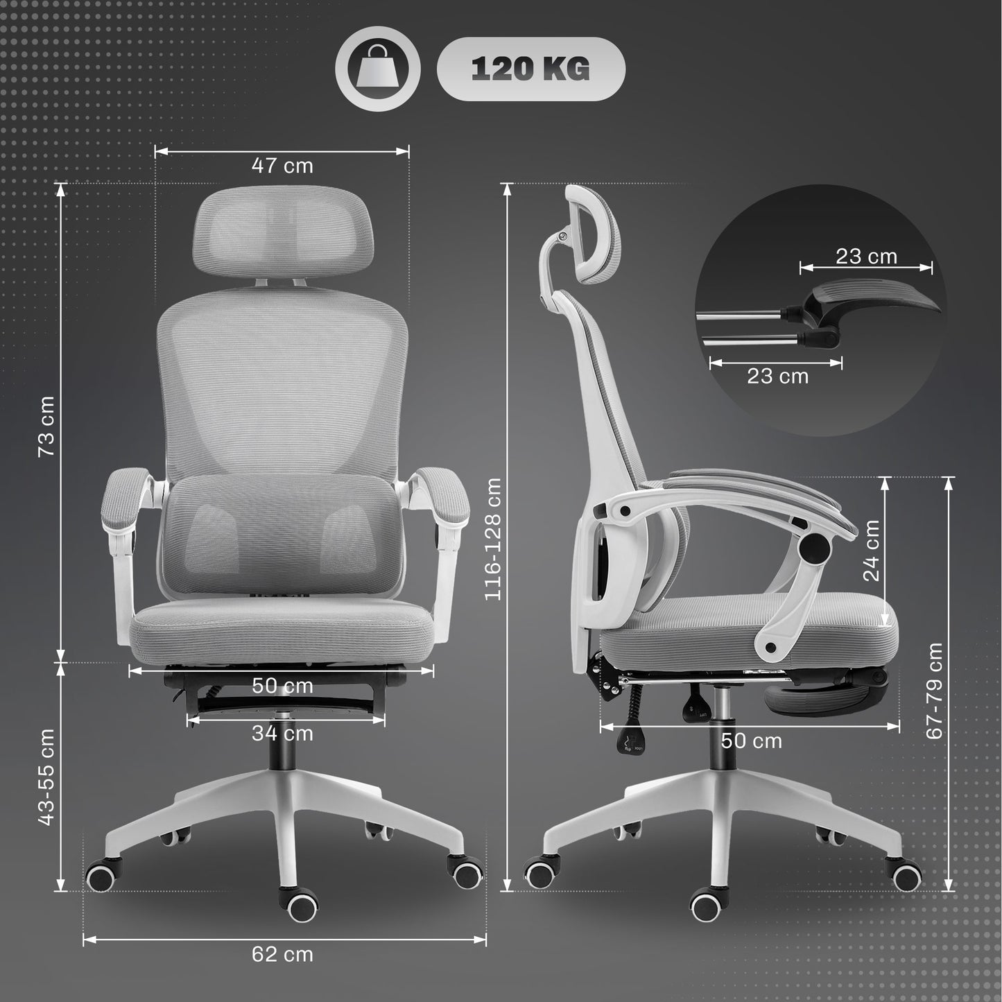 HOMCOM Ergonomic Office Chair, Mesh High Back, Adjustable Lumbar Support & Headrest, Footrest, Reclining Swivel, Home Study, Grey
