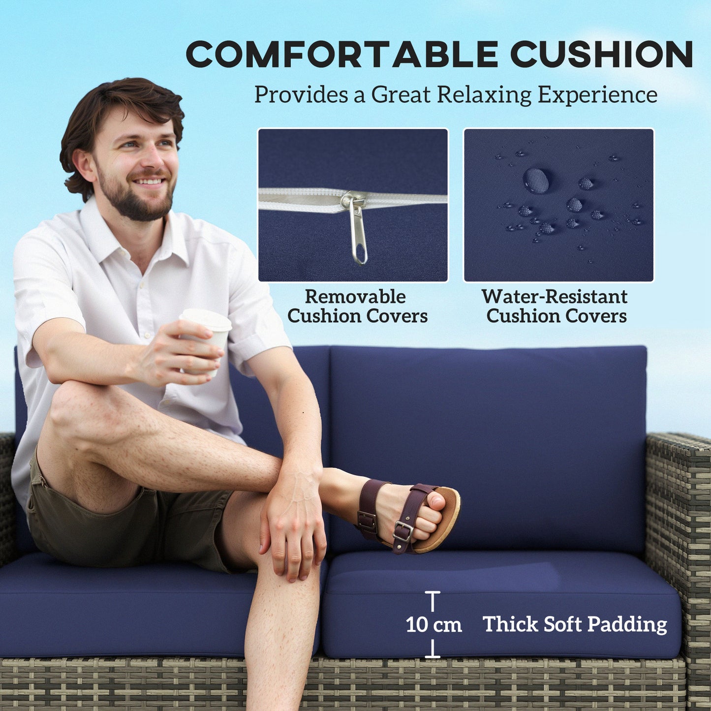 Outsunny 2 Seater Garden Furniture, Rattan Sofa with Soft Padded Cushion and Armrests, Wicker Garden Loveseat for Patio, Navy Blue