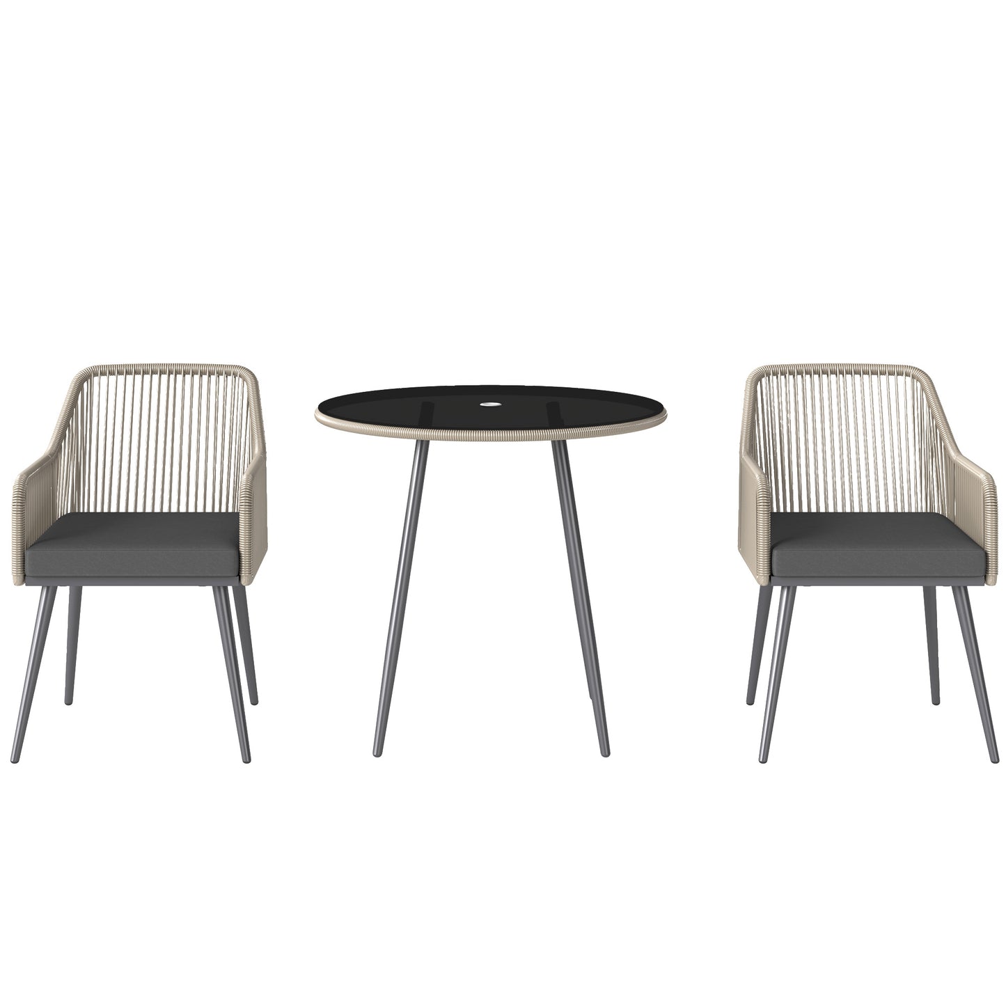 Outsunny 4 Seater Rattan Dining Set, Garden Furniture with Parasol Hole & Cushions, Round Glass Table