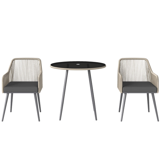 Outsunny 4 Seater Rattan Dining Set, Garden Furniture with Parasol Hole & Cushions, Round Glass Table