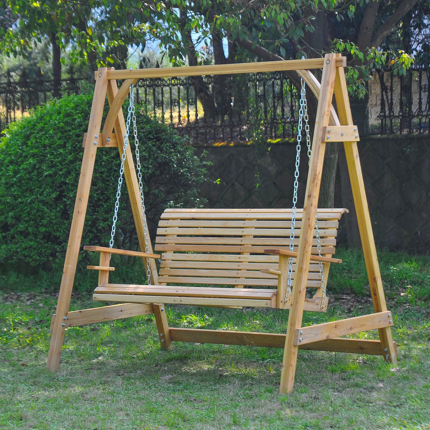 Outsunny 2-Seater Garden Larch Nature Wooden Swing Chair Bench Hammock Lounger
