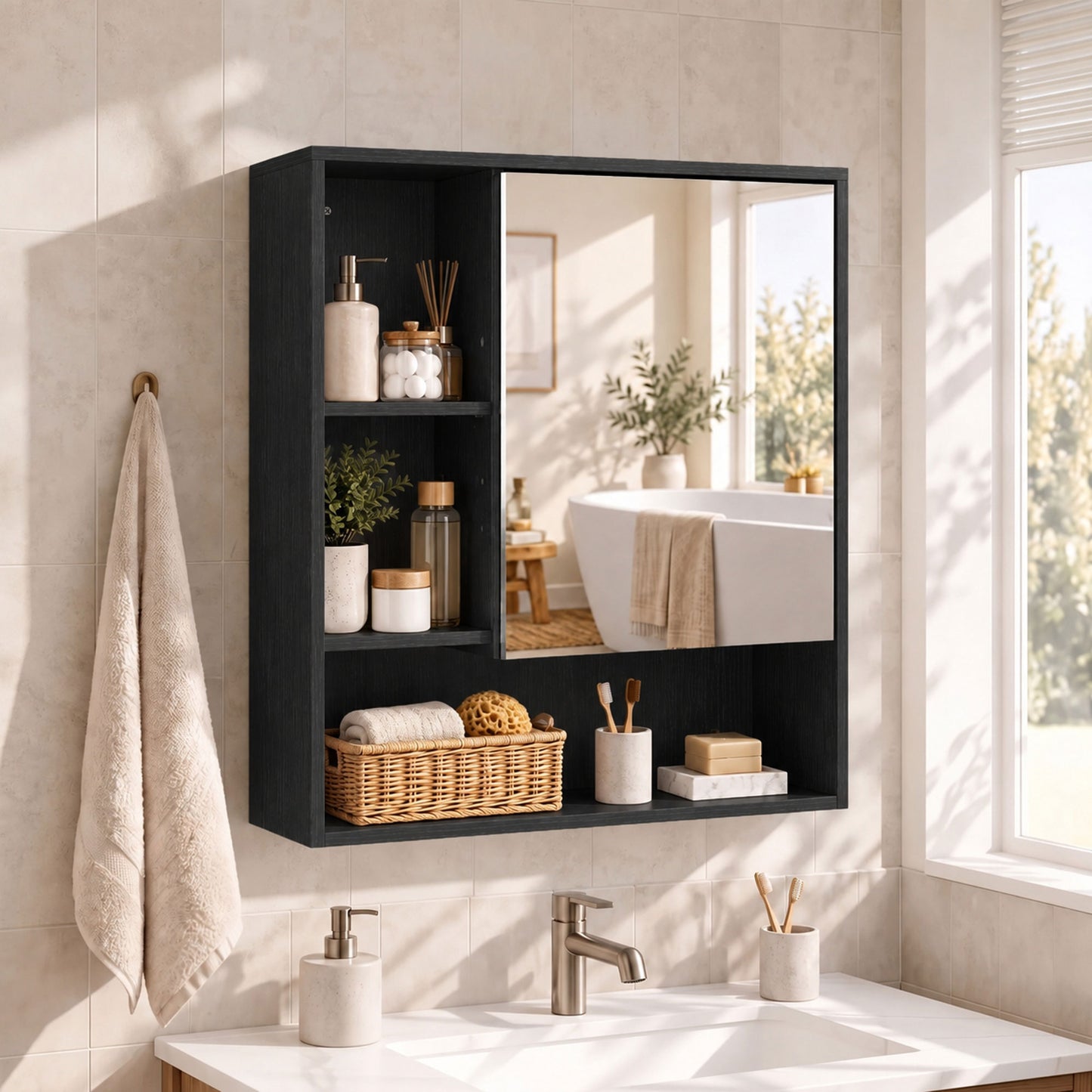 HOMCOM Bathroom Mirror Cabinet, Wall-Mounted Bathroom Cabinet with Mirror Door, Adjustable Shelves, Black