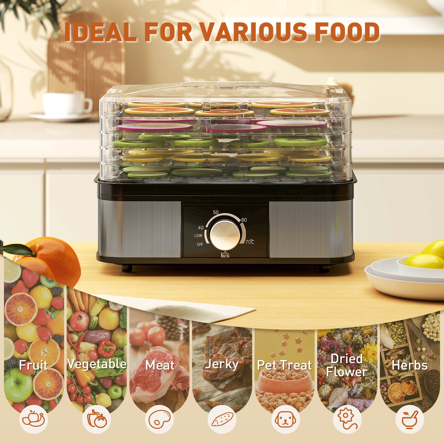 HOMCOM 5 Tier Food Dehydrator, 245W Stainless Steel Dryer with Adjustable Temperature for Fruit, Meat, Vegetables, Jerky & Pet Treats, Black