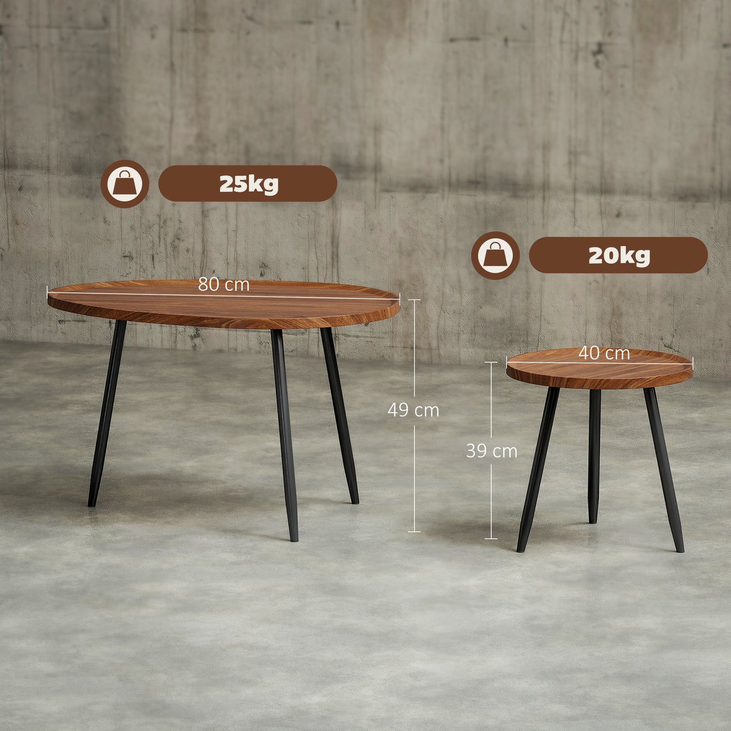 HOMCOM Nesting Coffee Table Set of 2, 80cm Modern Stacking End Tables with Metal Legs for Living Room, Bedroom, Office, Chestnut Wood Effect