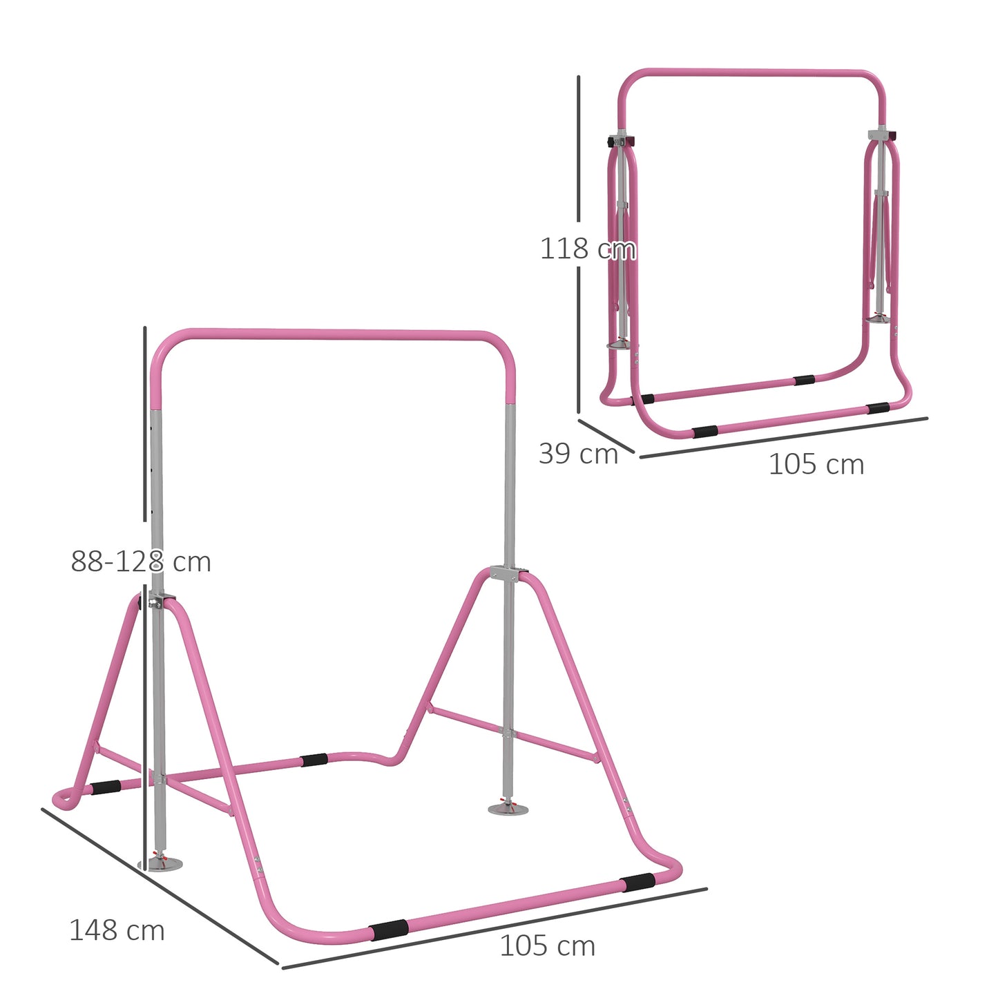 HOMCOM Kids Gymnastics Bar w/ Adjustable Height Foldable Horizontal Bars Pink