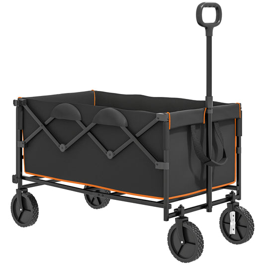 Outsunny 160L Festival Trolley on Wheels, Folding Camping Cart w/ Tailgate, 100kg Heavy Duty Garden Wagon w/ Adjustable Handle, Black and Orange