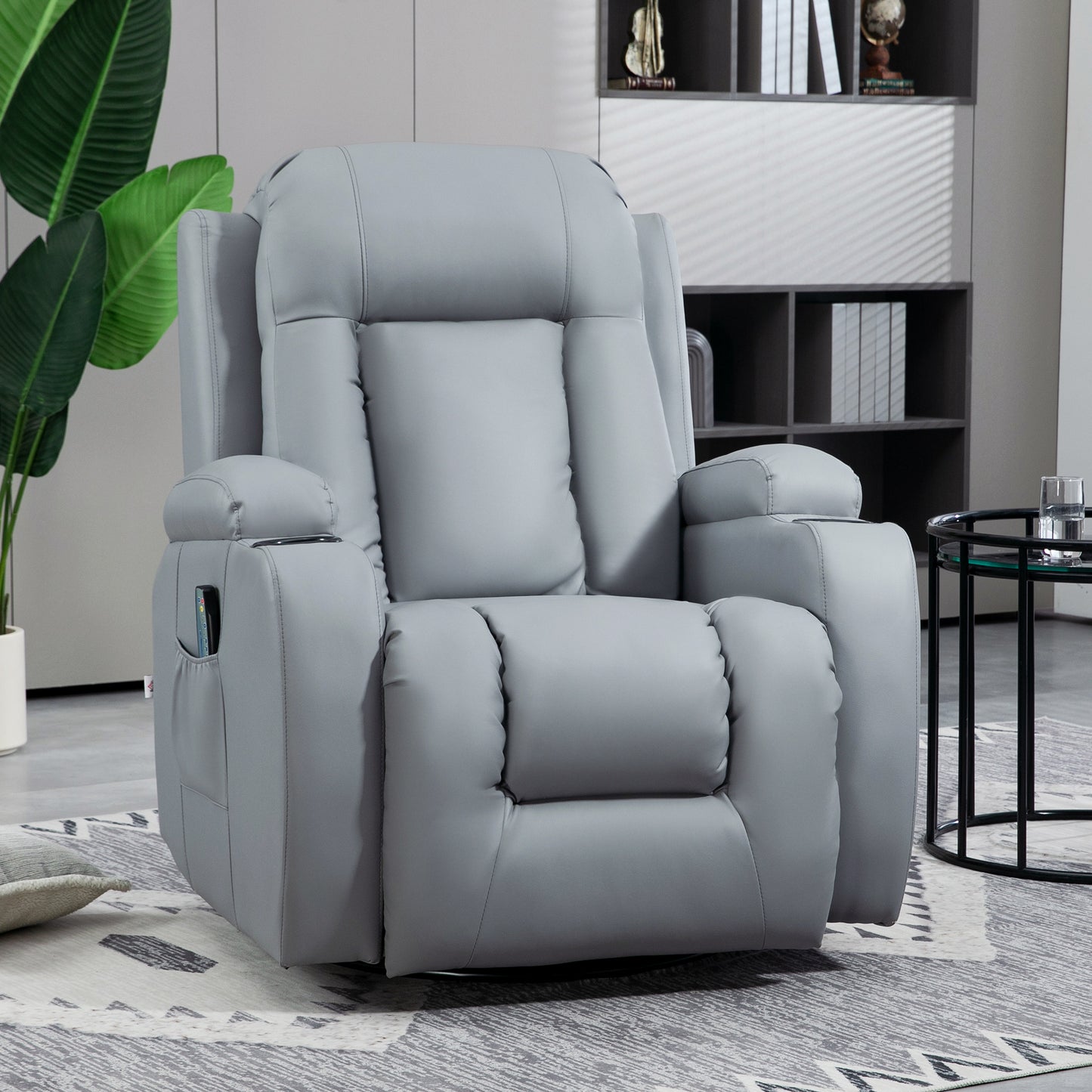 HOMCOM Massage Recliner Chair with Heat, PU Leather, Cup Holders, Side Pockets, Swivel, Rocking, Grey