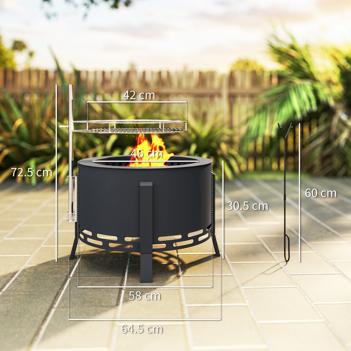 Outsunny Portable Fire Pit, 58 cm Round with Grill Grate, Ash Catcher, and Poker, Ideal for Garden Camping Bonfire Picnic, Black