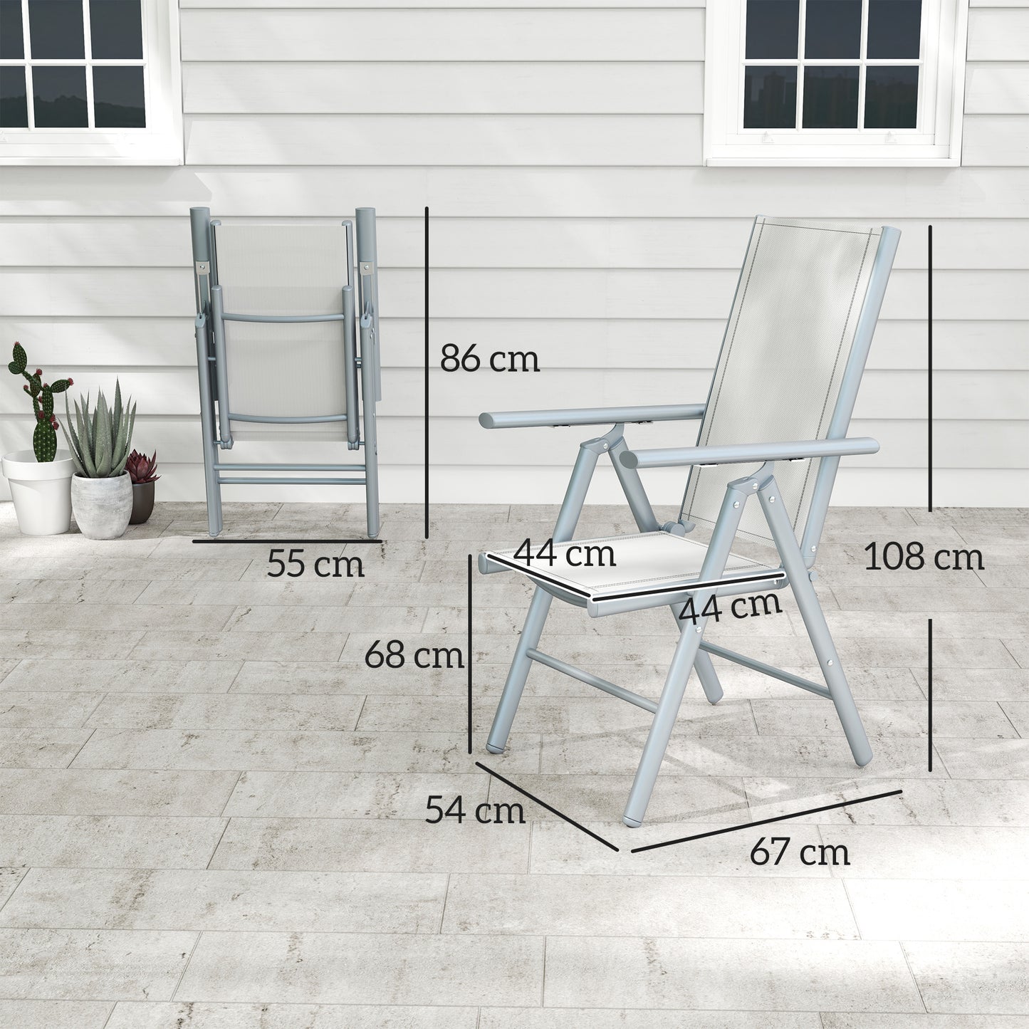 Outsunny Set of 2 Folding Aluminium Camping Chairs, Breathable Mesh, Armrests, Light Grey
