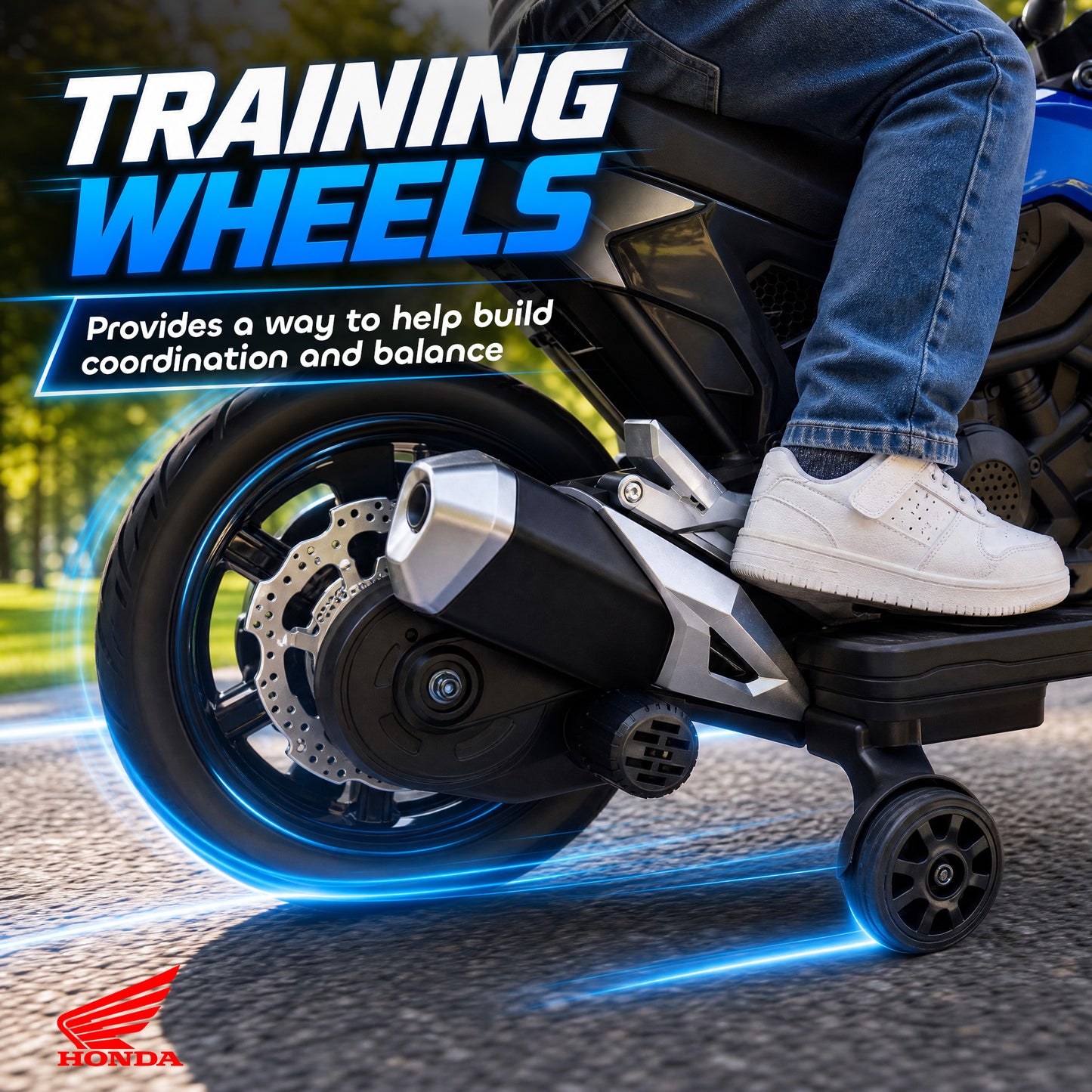 AIYAPLAY Licensed Honda 12V Kids Electric Motorbike with Training Wheels, Soft Start, Headlights, Music for 3-6 Years, Blue