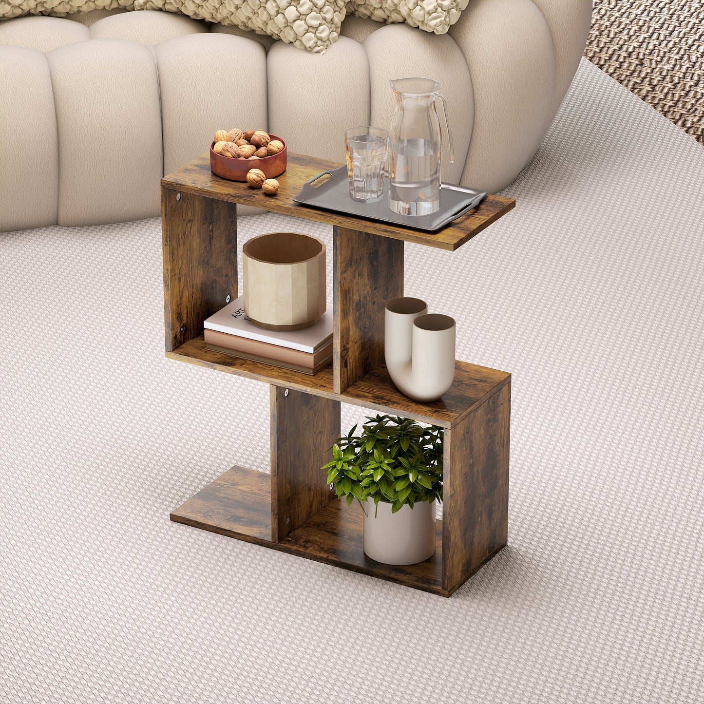 HOMCOM Side Table, Narrow End Table with Storage Shelves, S-Shaped, 3-Tier, 50W x 19.5D x 58H cm, Rustic Brown