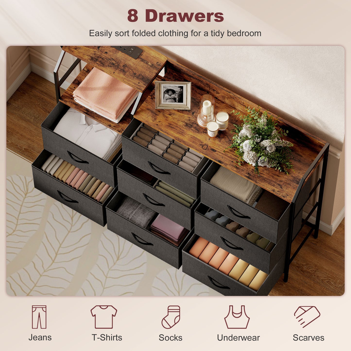 HOMCOM Chest of Eight Drawers, with Charging Station - Brown/Black