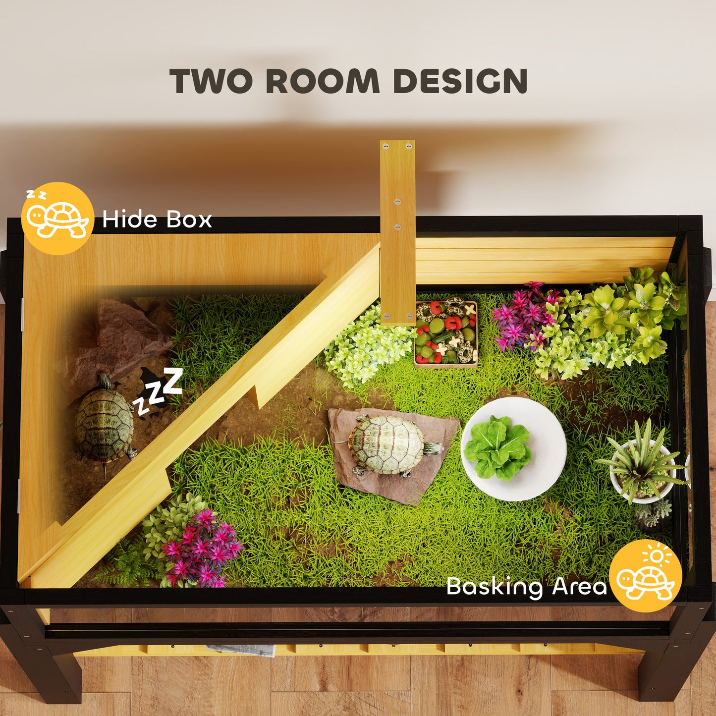 PawHut Wooden Tortoise House with Storage Shelf, Clear Observation Windows, Lamp Holder, Openable Top, Built-in Tray, Yellow