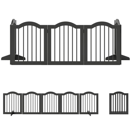 PawHut Wooden Foldable Dog Gate Panel Pet Fence Freestanding Safety Barrier for the House, Doorway, Stairs (Black)