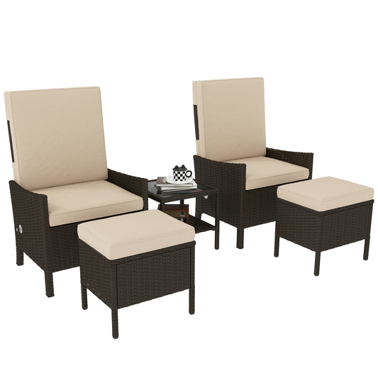 Outsunny 5 Piece Rattan Garden Furniture Set, Wicker Patio Sofa with 2 Armchairs, 2 Footstools, Coffee Table, Adjustable Backrests, Khaki