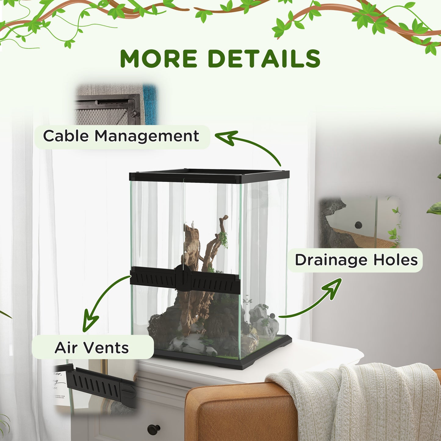 PawHut 40L Vivarium for Lizards Frogs Snakes Turtles Tortoises w/ Anti Escape Design, Ventilation