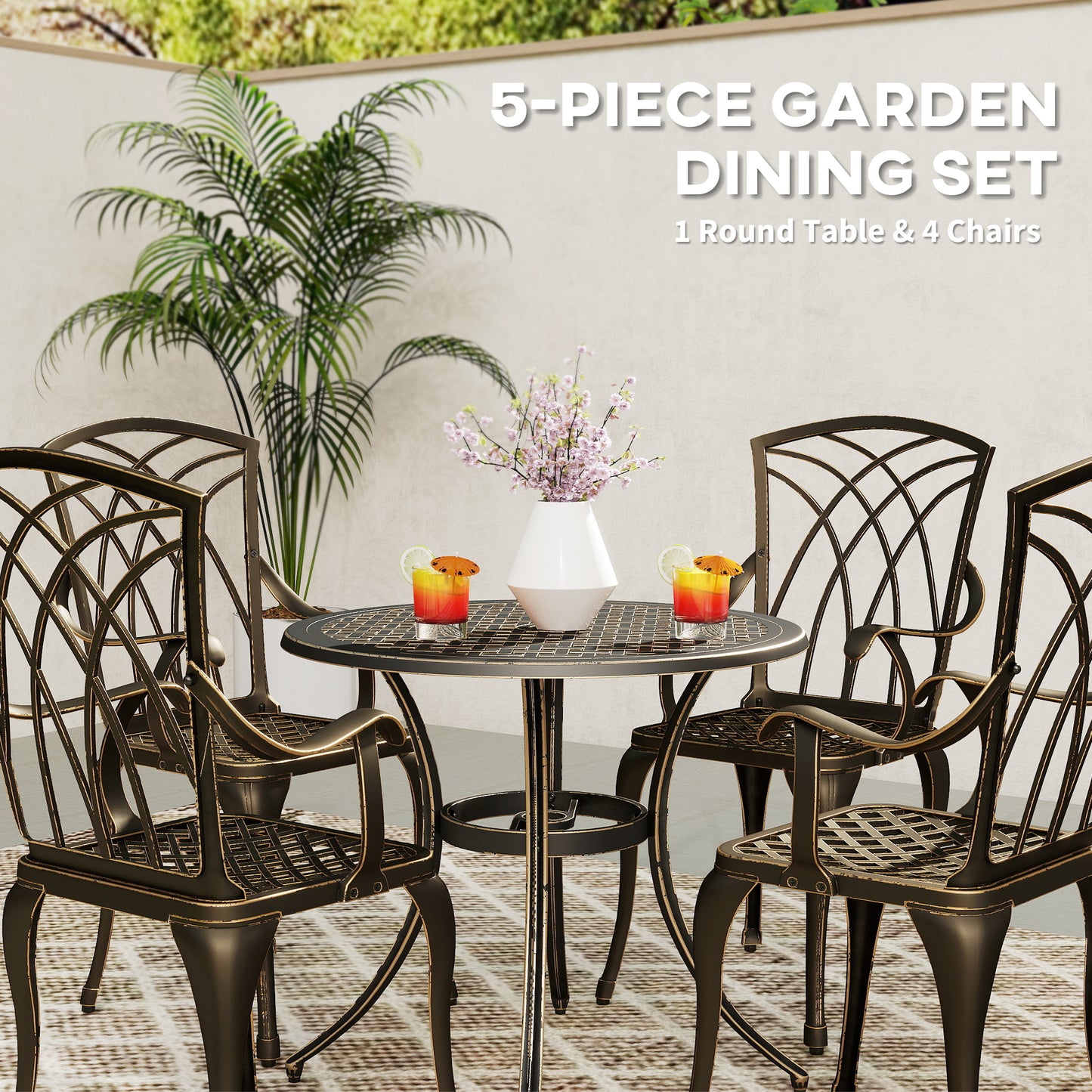 Outsunny 5 Piece Bronze Cast Aluminium Garden Dining Set, 4 Armchairs, Round Table with Parasol Hole