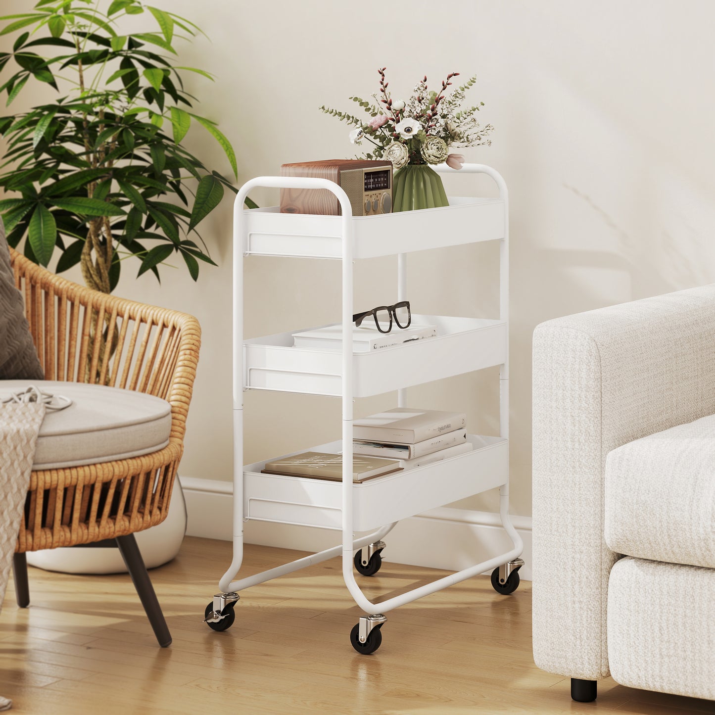 HOMCOM 3-Tier Storage Trolley on Wheels, Rolling Utility Cart with Mesh Backets for Kitchen, Bathroom, Bedroom, White