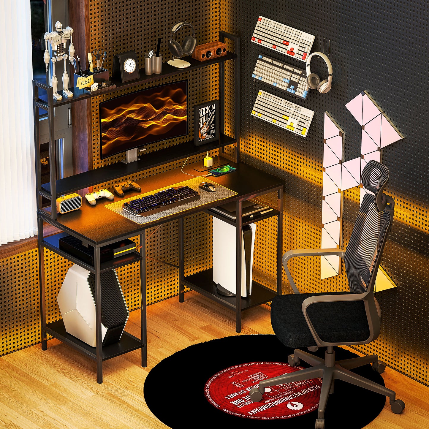 HOMCOM Computer Desk with Power Outlets & LED, Home Office Desk with Monitor Stand & 2 CPU Stands, Hutch Gaming Desk, Black