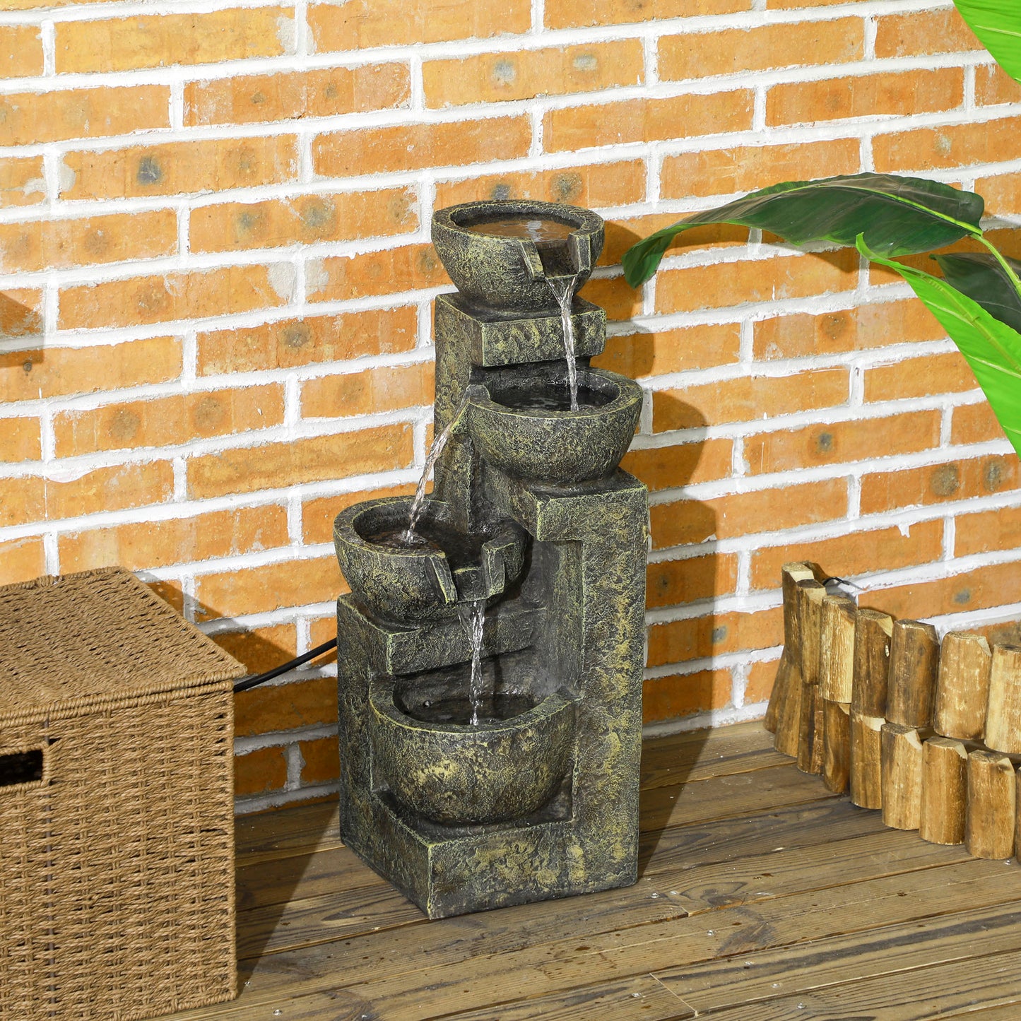 Outsunny Garden Water Feature Waterfall Fountain with 4-Tier Stone Look Bowls Adjustable Flow Black and Yellow