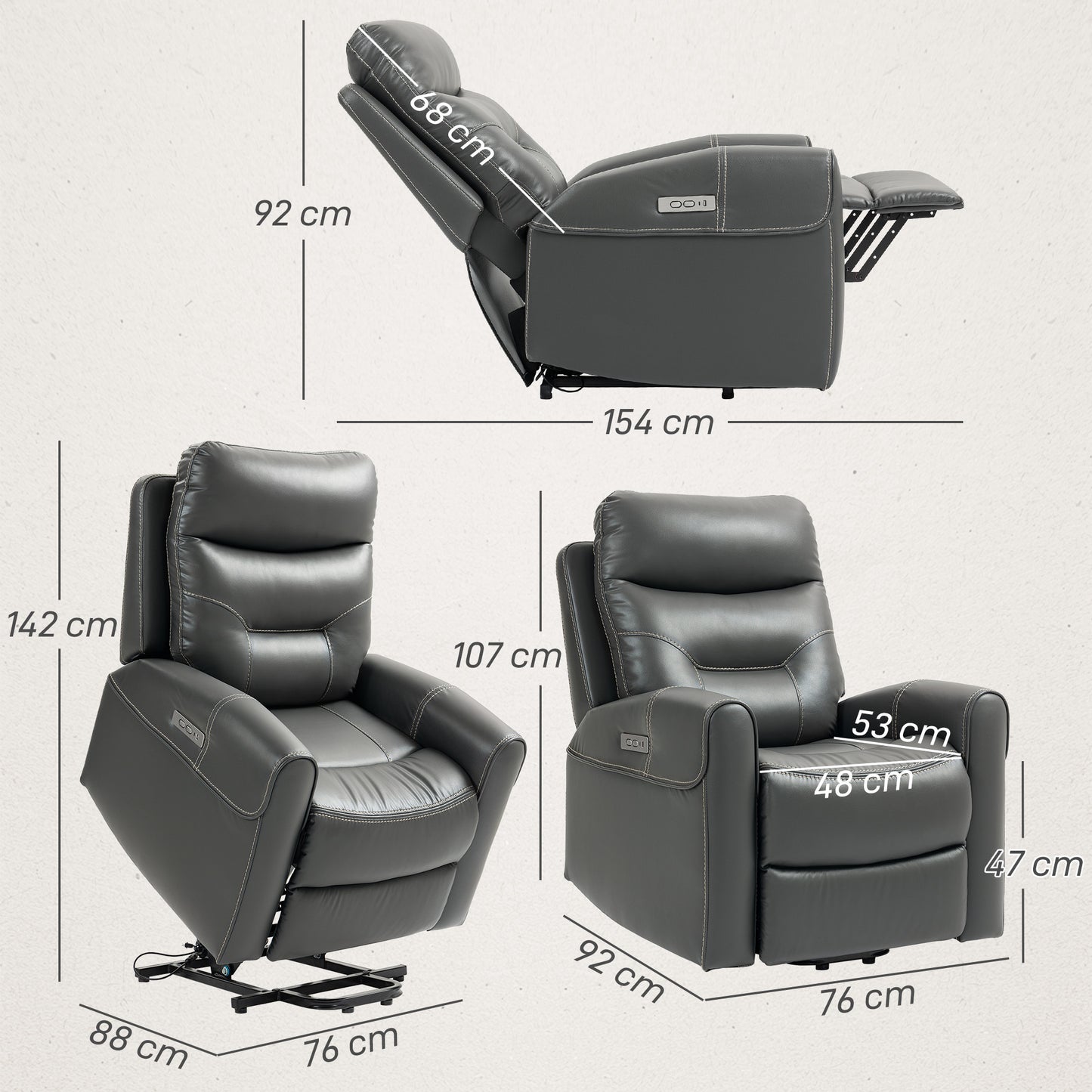 HOMCOM Power Lift Recliner Chair, Overstuffed Faux Leather with USB A+C Ports, Remote Control for Living Room, Charcoal Grey