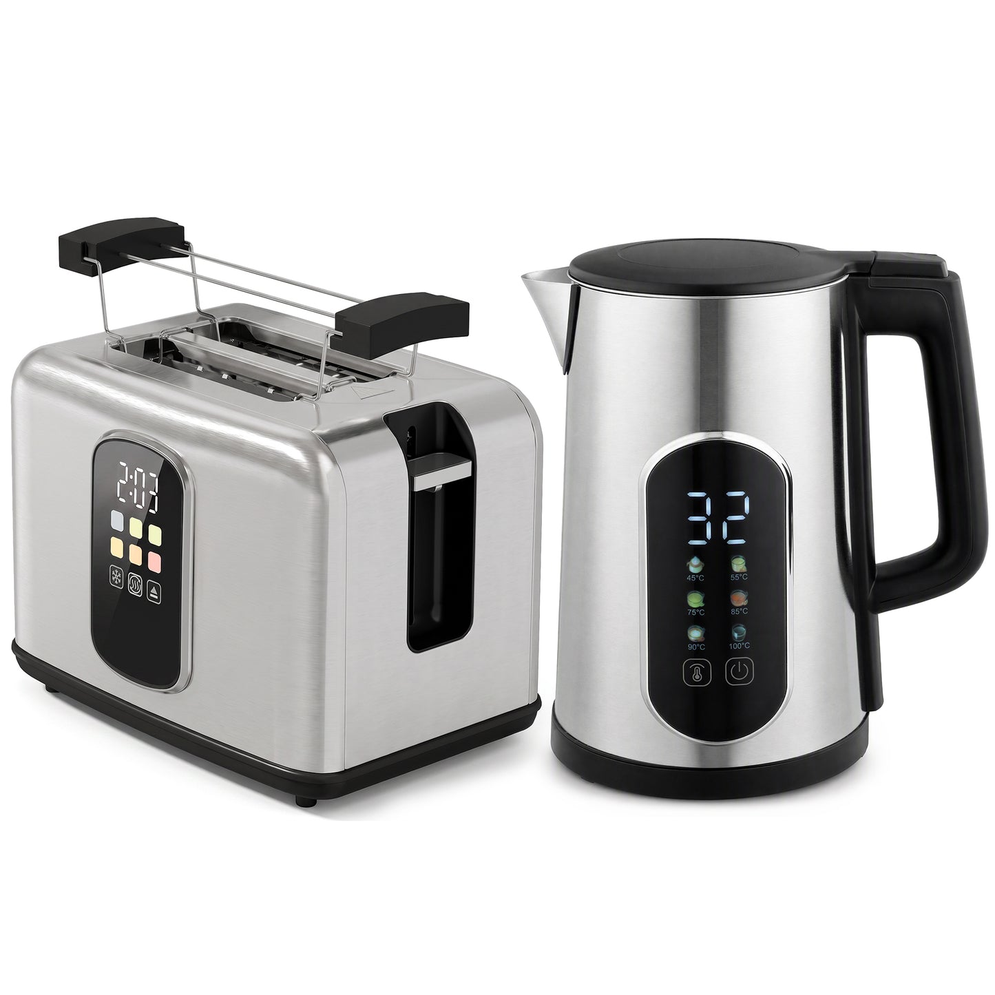 HOMCOM Kettle and Toaster Set with LED Touch Screen, Kettle with Strix Thermostat, 2 Slice Toaster w/ 6 Browning Levels, Silver