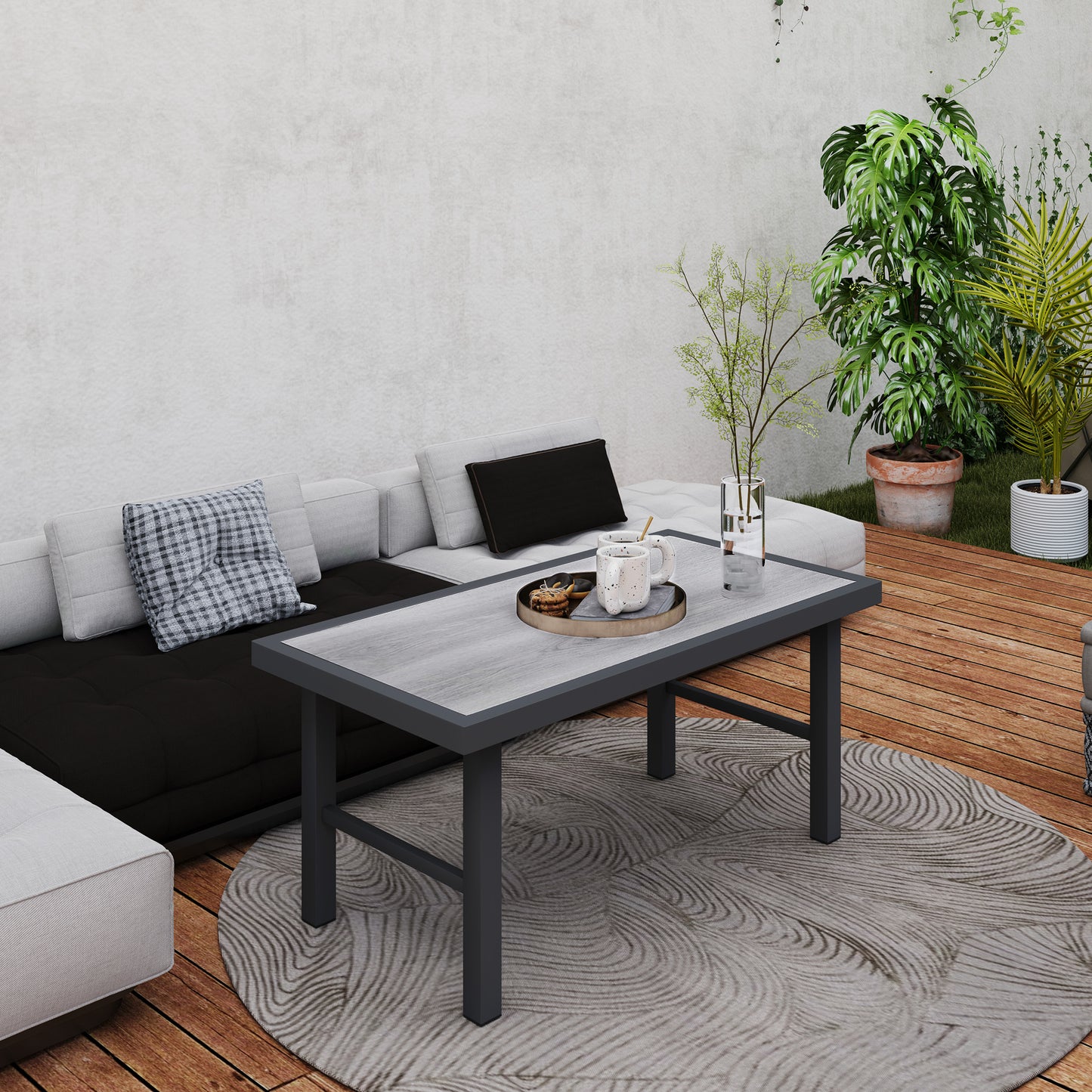 Outsunny Metal Garden Coffee Table, Outdoor Side Table with SPC Woodgrain Tabletop, 100 x 53 x 46cm, Grey Wood Effect