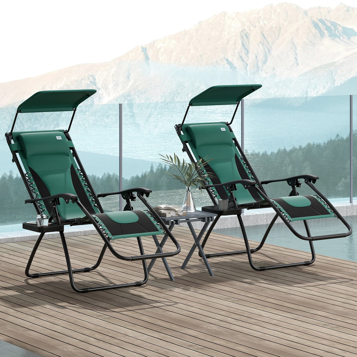 Outsunny Set of 2 Zero Gravity Lounger Chairs: Folding Recliners with Shade, Cup Holder & Cushion, Green