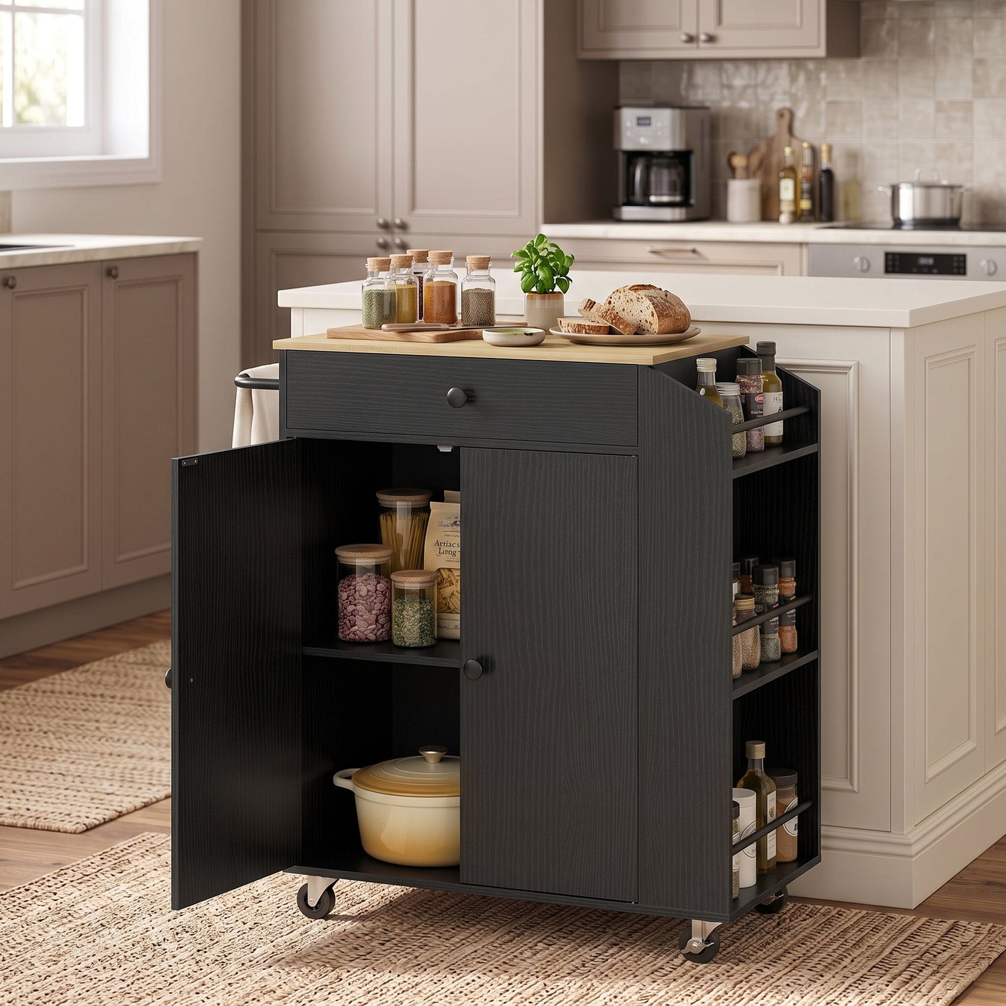 HOMCOM Rolling Kitchen Island with 3-Tier Spice Rack, Kitchen Storage Cart with Drawer and Towel Rack, Black