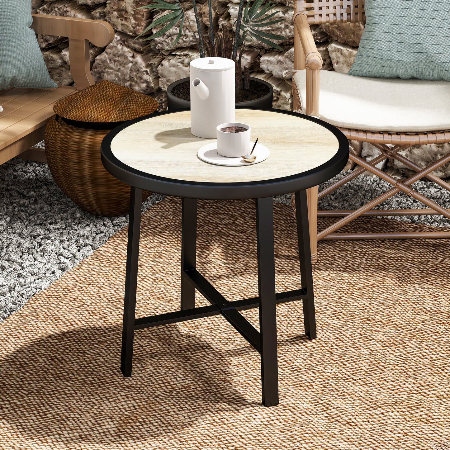 Outsunny Round Small Garden Table, 50.5cm Outdoor Side Table with SPC Tabletop, Metal Frame, Anti-slip Feet for Garden, Balcony, Wood Finish