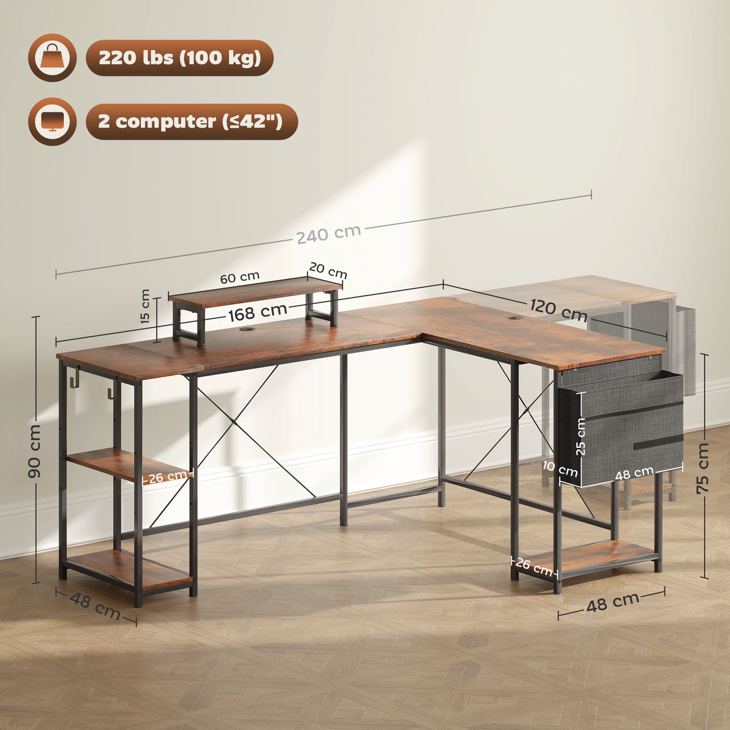 HOMCOM 168cm Reversible L-Shaped Desk, Corner Computer Desk with Shelf & Storage Bag, Rustic Brown