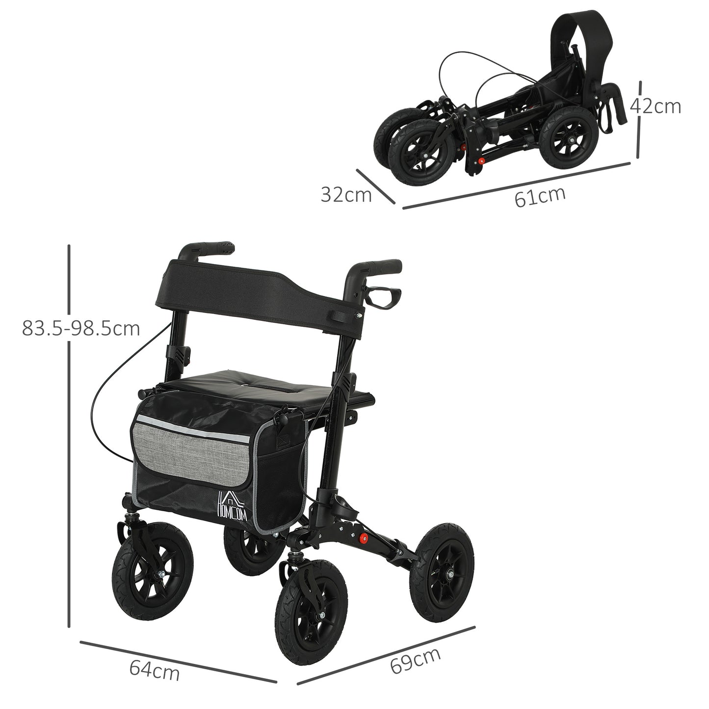 HOMCOM Folding Rollator Walker with Seat, Backrest, Storage Bag, Dual Brakes, Black
