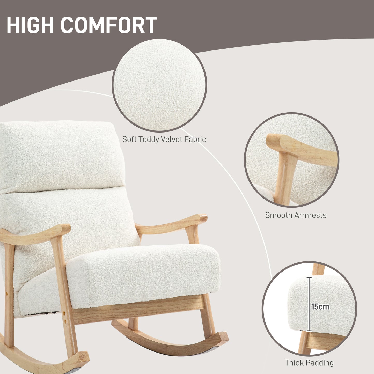HOMCOM Upholstered Rocking Chair, Teddy Fleece Fabric, High Back, Armrests, Rubberwood Legs, Cream White
