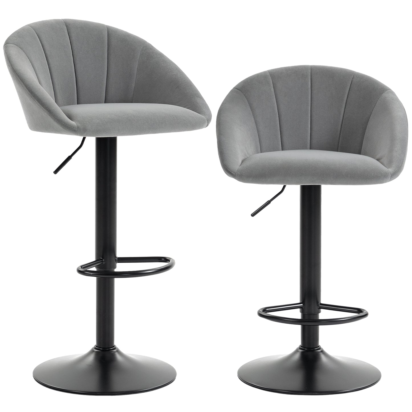HOMCOM Set of 2 Velvet-Feel Bar Stools, Swivel Adjustable Height Breakfast Bar Chairs with Backrest, Footrest, Quilted Kitchen Stools for Dining Room, Grey